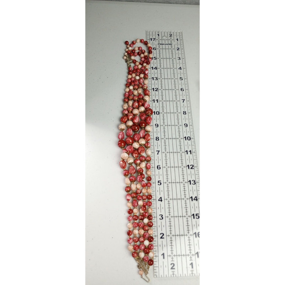 Vintage 5 Strand Beaded Choker Necklace Cranberry Red White Marble Hong Kong - Picture 8 of 8